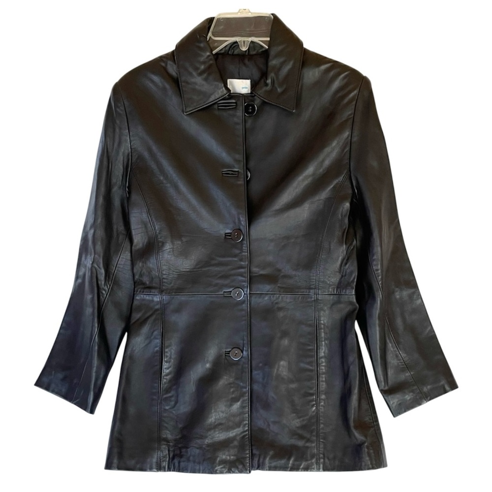 Y2K Black Leather Jacket Womens Petite S Button Front Soft Minimalist - Picture 2 of 5